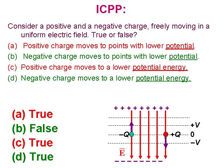 ICPP: Consider a positive and a negative charge, freely moving in a uniform electric