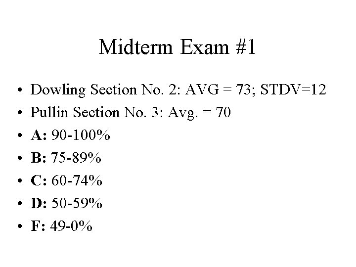 Midterm Exam #1 • • Dowling Section No. 2: AVG = 73; STDV=12 Pullin