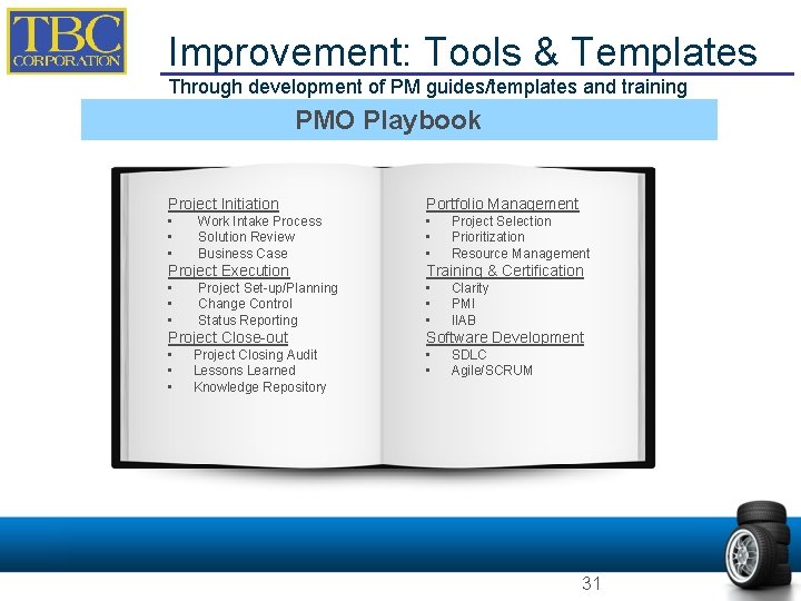 Improvement: Tools & Templates Through development of PM guides/templates and training PMO Playbook Project Improvement: Tools & Templates Through development of PM guides/templates and training PMO Playbook Project