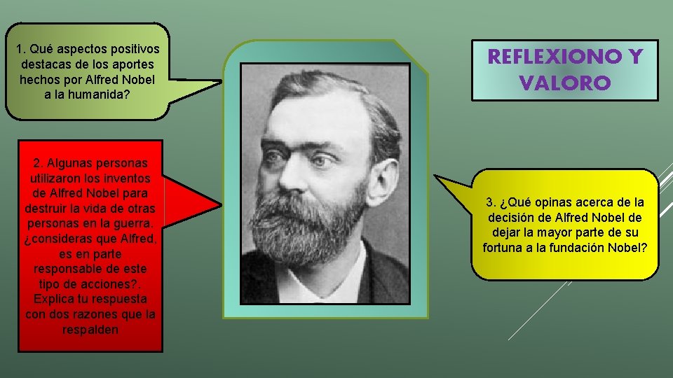 1. Qué aspectos positivos destacas de los aportes hechos por Alfred Nobel a la