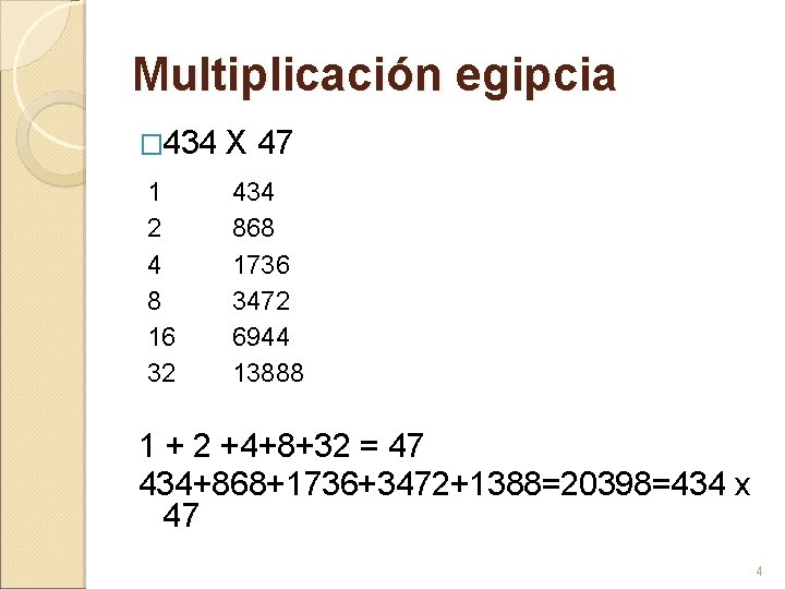 Multiplicación egipcia � 434 1 2 4 8 16 32 X 47 434 868