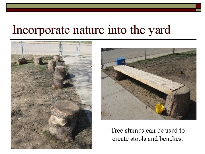 Incorporate nature into the yard Tree stumps can be used to create stools and