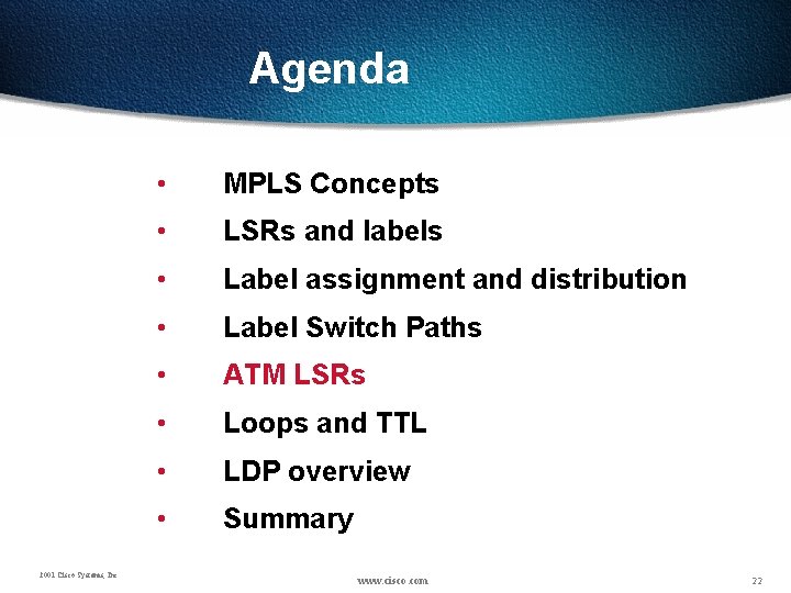 Agenda 2001 Cisco Systems, Inc. • MPLS Concepts • LSRs and labels • Label