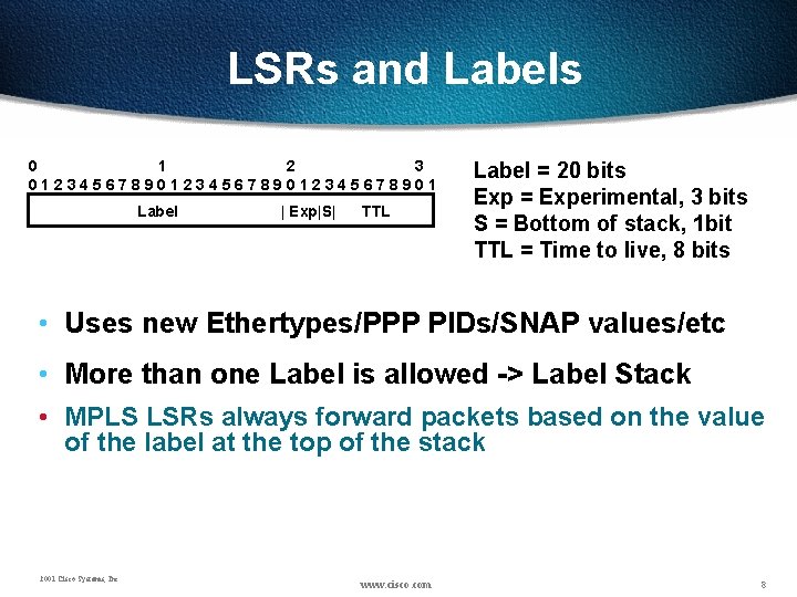 LSRs and Labels 0 1 2 3 0123456789012345678901 Label | Exp|S| TTL Label =