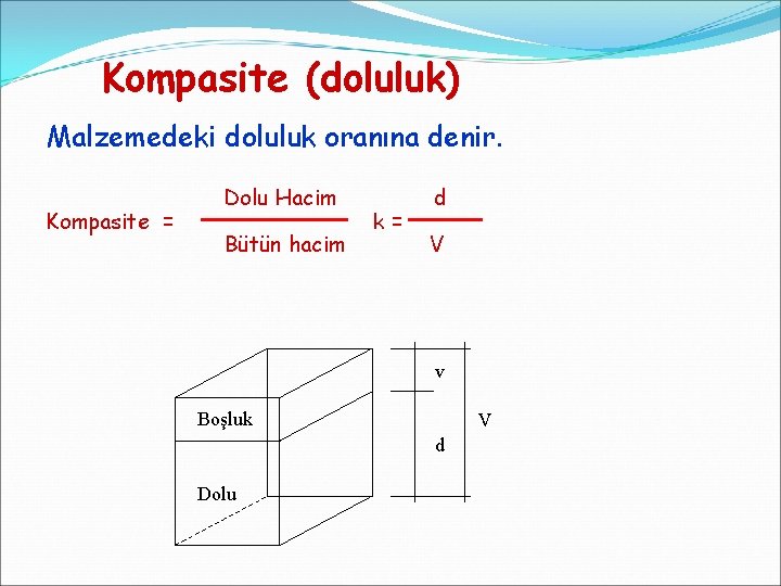 Kompasite (doluluk) Malzemedeki doluluk oranına denir. Kompasite = Dolu Hacim Bütün hacim k= d