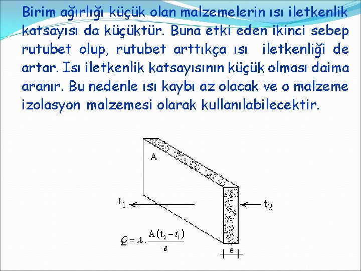 Birim ağırlığı küçük olan malzemelerin ısı iletkenlik katsayısı da küçüktür. Buna etki eden ikinci