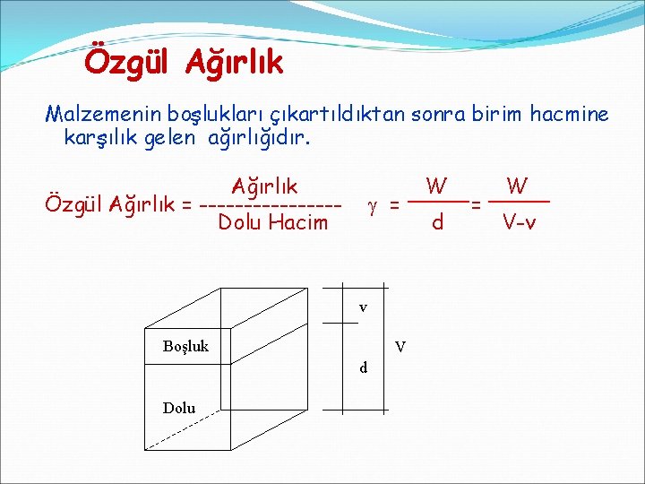 Özgül Ağırlık Malzemenin boşlukları çıkartıldıktan sonra birim hacmine karşılık gelen ağırlığıdır. Ağırlık Özgül Ağırlık