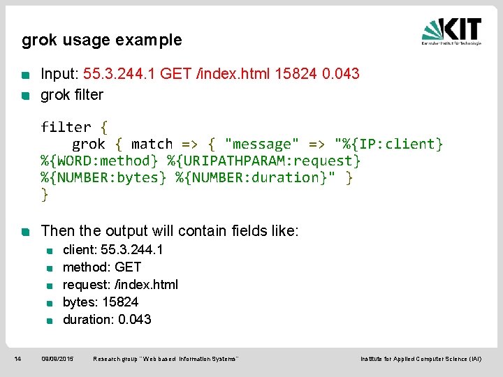 grok usage example Input: 55. 3. 244. 1 GET /index. html 15824 0. 043