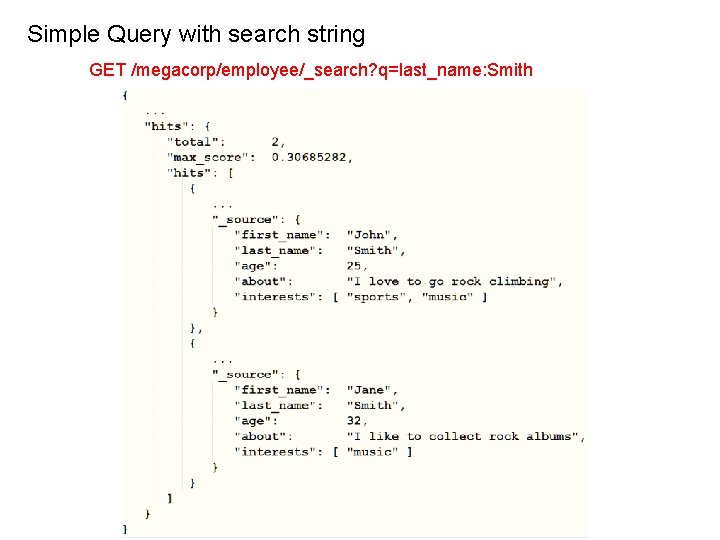 Simple Query with search string GET /megacorp/employee/_search? q=last_name: Smith 