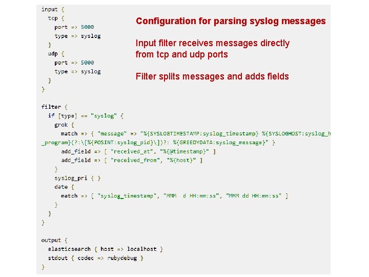 Configuration for parsing syslog messages Input filter receives messages directly from tcp and udp