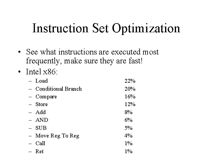 Instruction Set Optimization • See what instructions are executed most frequently, make sure they