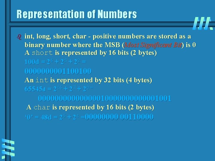 Representation of Numbers b int, long, short, char - positive numbers are stored as