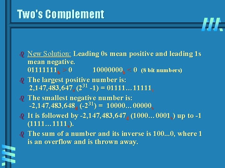 Two's Complement b b b New Solution: Leading 0 s mean positive and leading