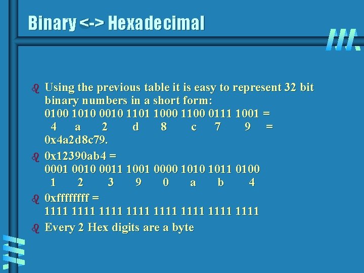 Binary <-> Hexadecimal b b Using the previous table it is easy to represent