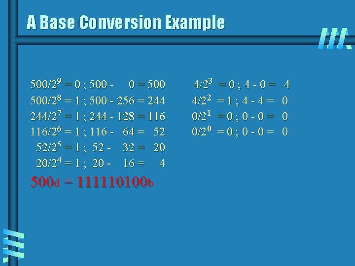 A Base Conversion Example 500/29 = 0 ; 500 - 0 = 500/28 =