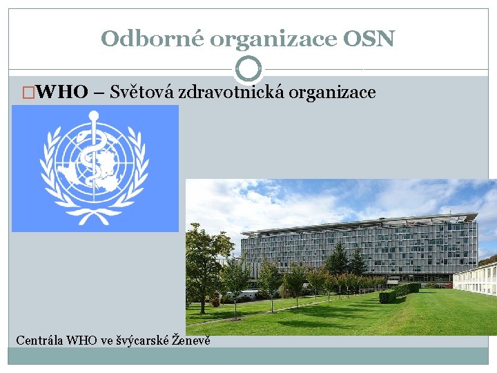Odborné organizace OSN �WHO – Světová zdravotnická organizace Centrála WHO ve švýcarské Ženevě 