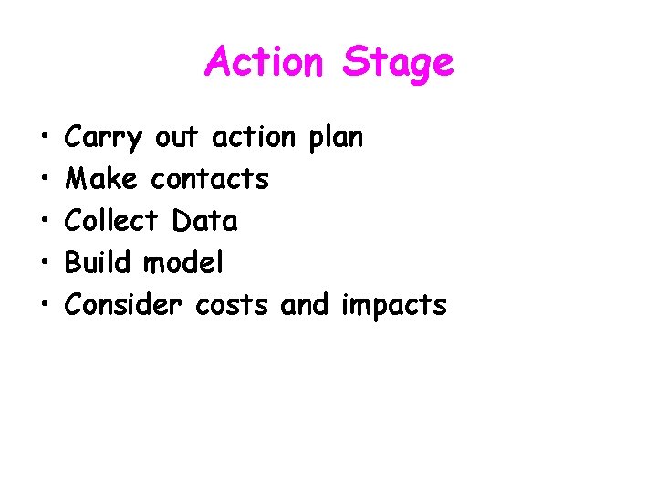 Action Stage • • • Carry out action plan Make contacts Collect Data Build