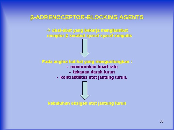 β-ADRENOCEPTOR-BLOCKING AGENTS obat-obat yang bekerja menghambat reseptor β serabut syaraf simpatis Pada angina hal-hal