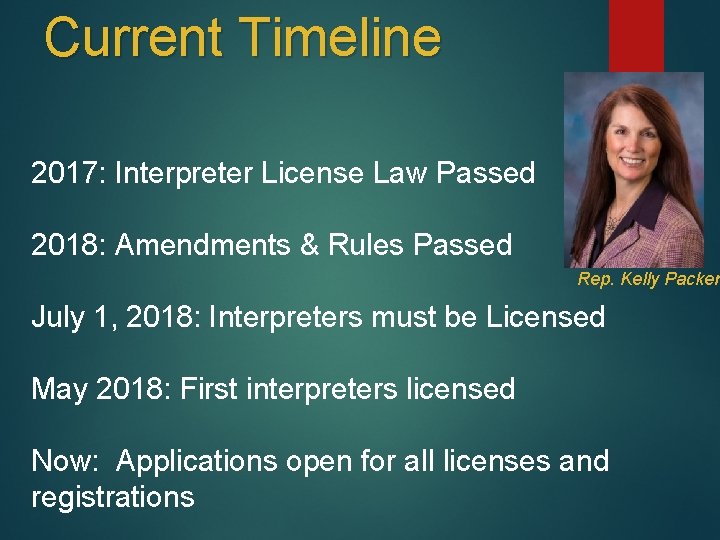 Current Timeline 2017: Interpreter License Law Passed 2018: Amendments & Rules Passed Rep. Kelly