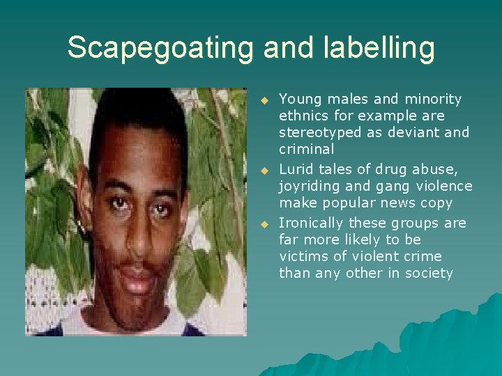 Scapegoating and labelling u u u Young males and minority ethnics for example are