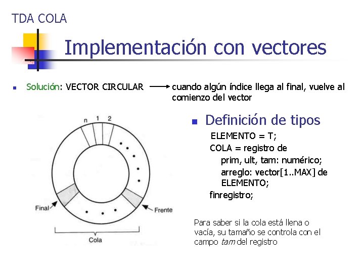 TDA COLA Implementación con vectores n Solución: VECTOR CIRCULAR cuando algún índice llega al