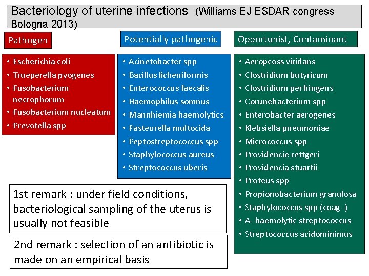 Bacteriology of uterine infections (Williams EJ ESDAR congress Bologna 2013) Pathogen Potentially pathogenic •