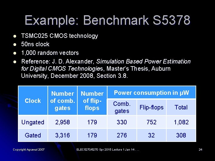 Example: Benchmark S 5378 l l TSMC 025 CMOS technology 50 ns clock 1, Example: Benchmark S 5378 l l TSMC 025 CMOS technology 50 ns clock 1,
