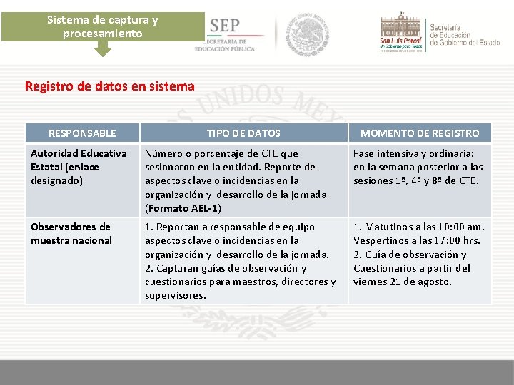 Sistema de captura y procesamiento Registro de datos en sistema RESPONSABLE TIPO DE DATOS