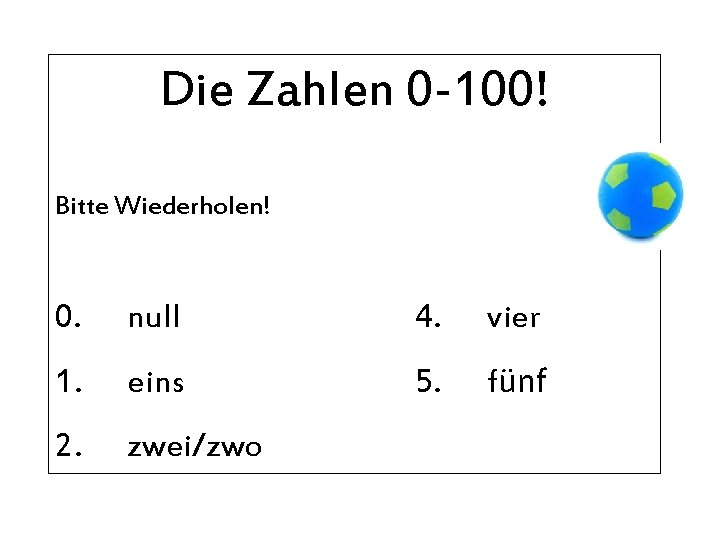 Die Zahlen 0 -100! Bitte Wiederholen! 0. null 4. vier 1. eins 5. fünf