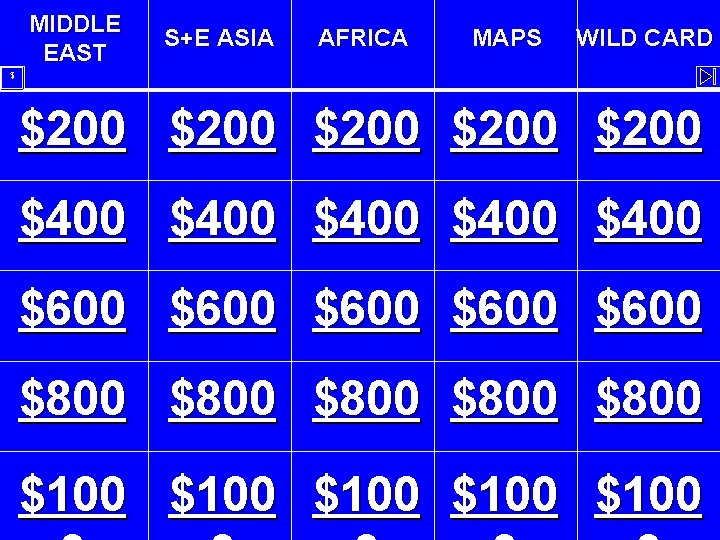 MIDDLE EAST S+E ASIA AFRICA MAPS WILD CARD $ $200 $200 $400 $400 $600