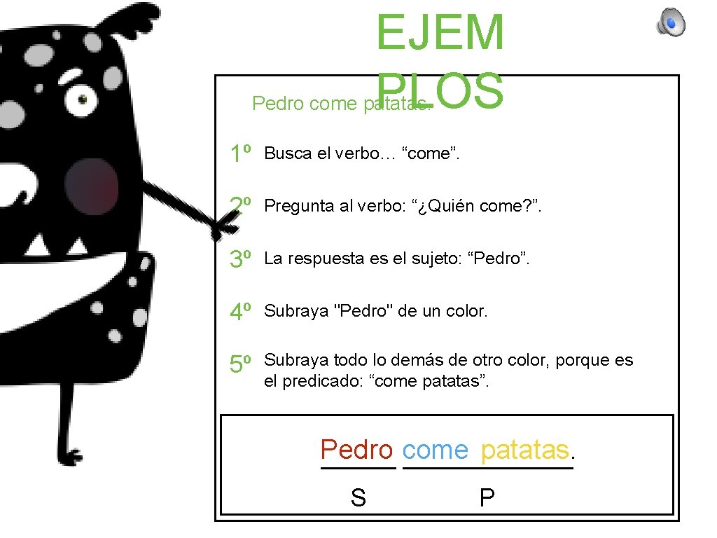 EJEM PLOS Pedro come patatas. 1º Busca el verbo… “come”. 2º Pregunta al verbo: