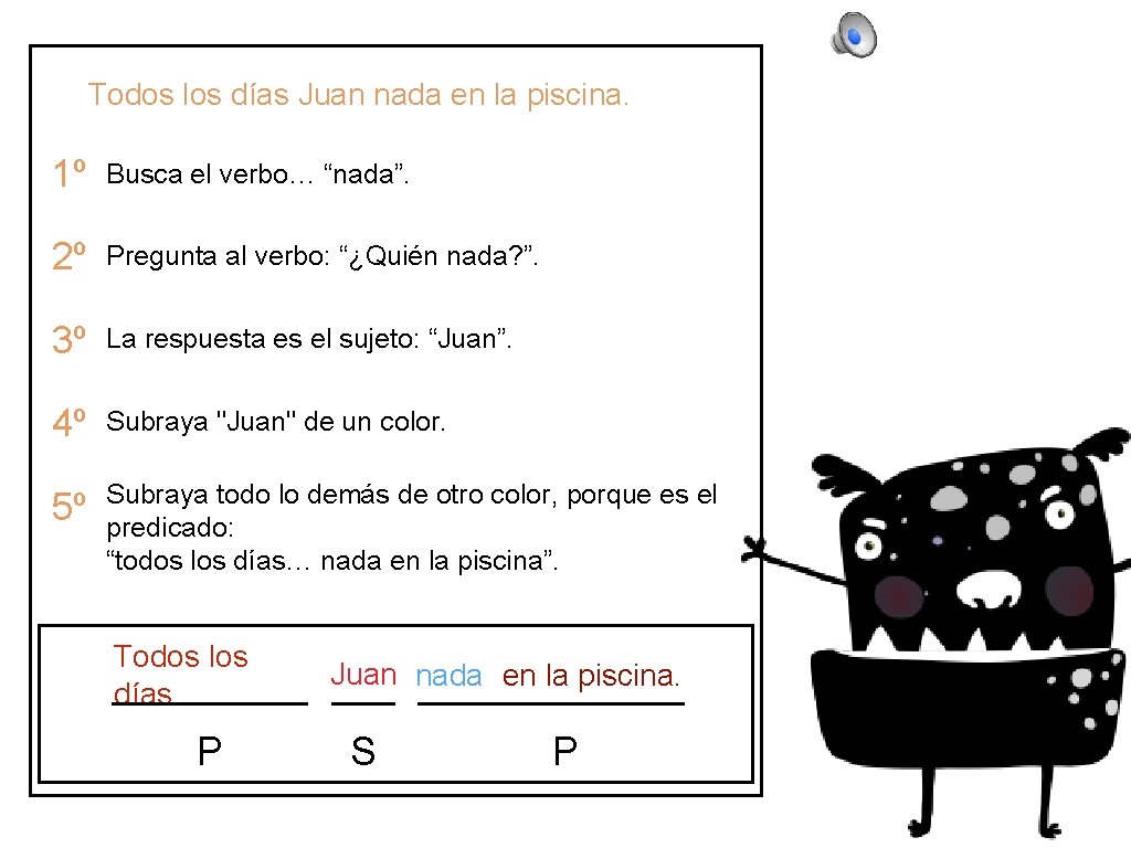 Todos los días Juan nada en la piscina. 1º Busca el verbo… “nada”. 2º