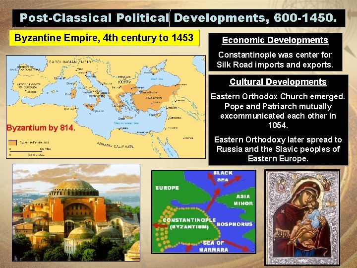Post-Classical Political Developments, 600 -1450. Byzantine Empire, 4 th century to 1453 Economic Developments