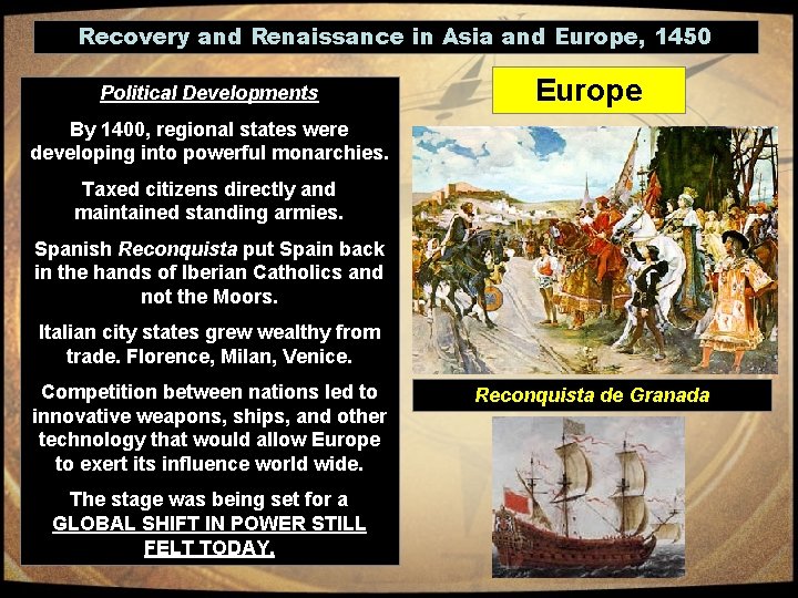 Recovery and Renaissance in Asia and Europe, 1450 Political Developments Europe By 1400, regional