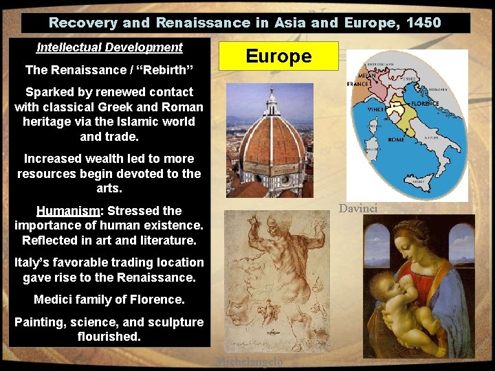 Recovery and Renaissance in Asia and Europe, 1450 Intellectual Development The Renaissance / “Rebirth”