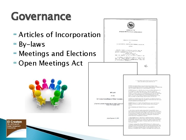 Governance Articles of Incorporation By-laws Meetings and Elections Open Meetings Act 