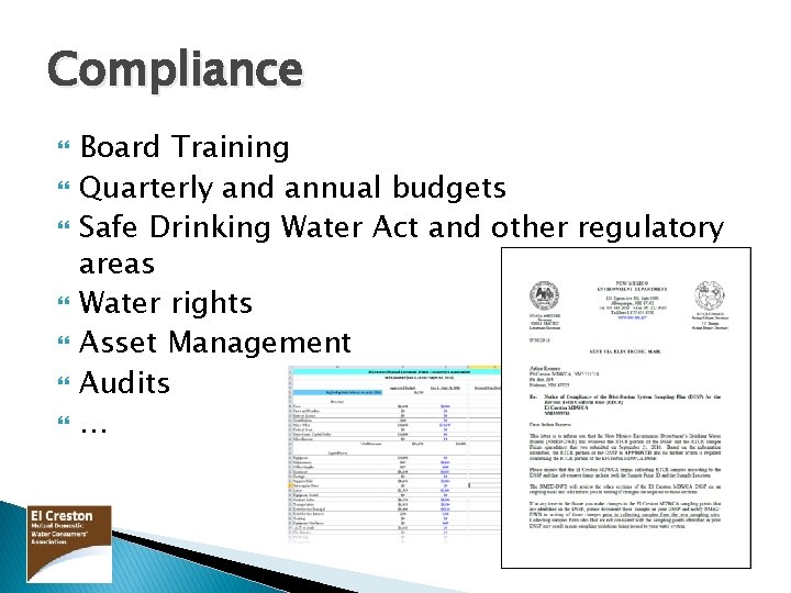 Compliance Board Training Quarterly and annual budgets Safe Drinking Water Act and other regulatory