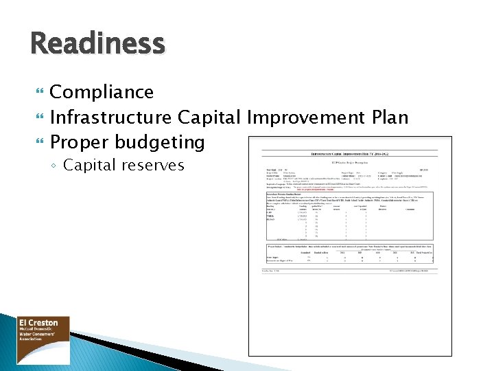 Readiness Compliance Infrastructure Capital Improvement Plan Proper budgeting ◦ Capital reserves 