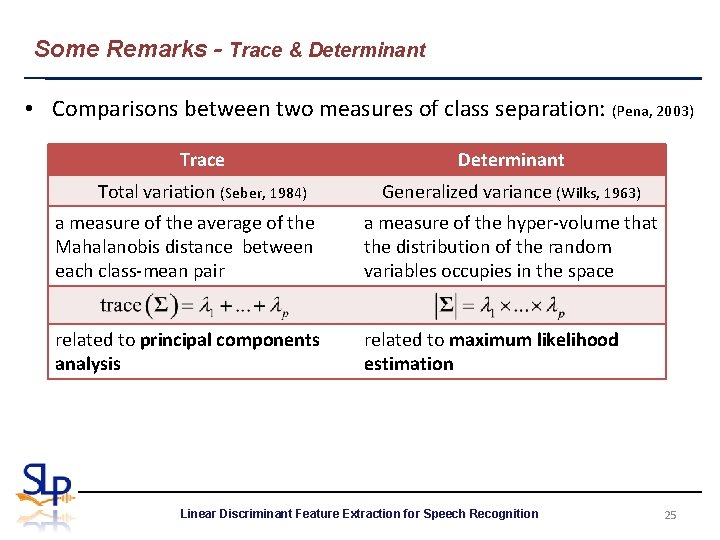 Some Remarks - Trace & Determinant • Comparisons between two measures of class separation: