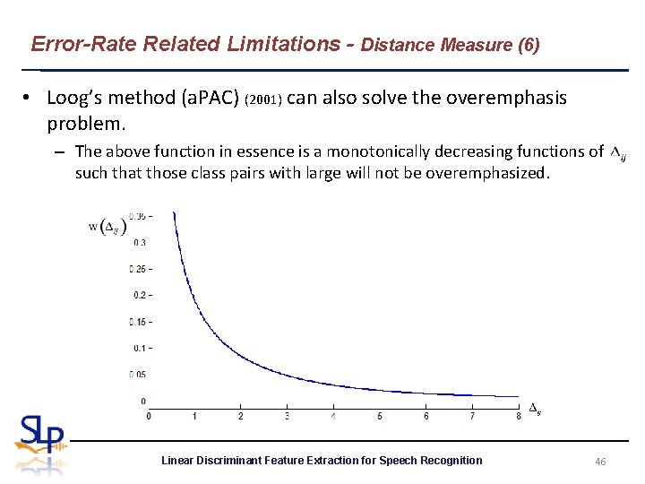 Error-Rate Related Limitations - Distance Measure (6) • Loog’s method (a. PAC) (2001) can