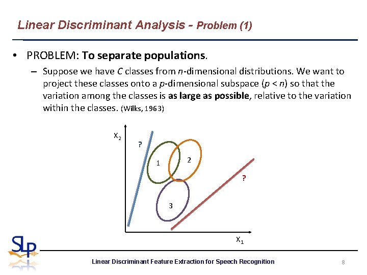 Linear Discriminant Analysis - Problem (1) • PROBLEM: To separate populations. – Suppose we