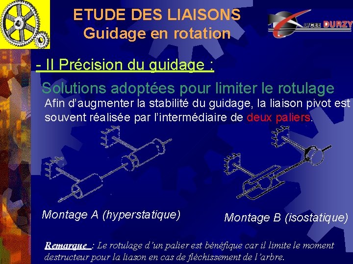 ETUDE DES LIAISONS Guidage en rotation - II Précision du guidage : Solutions adoptées