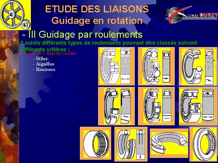 ETUDE DES LIAISONS Guidage en rotation - III Guidage par roulements Il existe différents