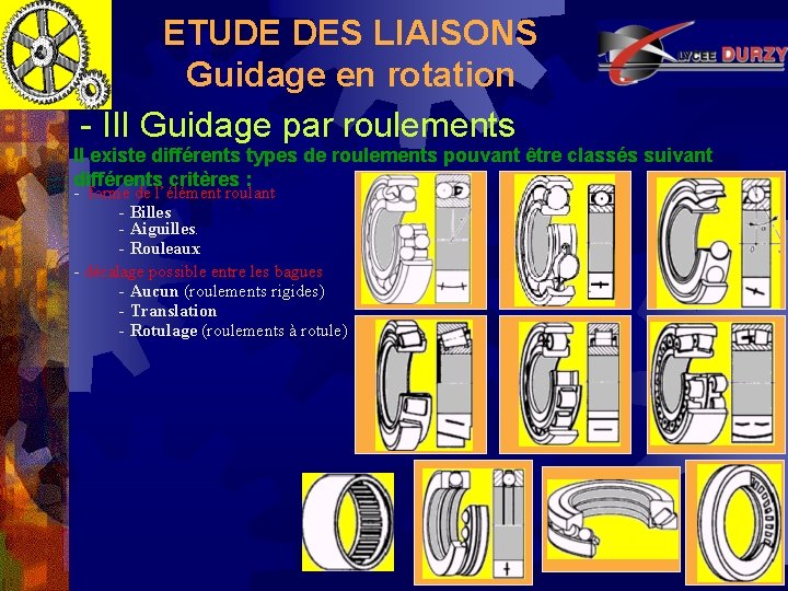 ETUDE DES LIAISONS Guidage en rotation - III Guidage par roulements Il existe différents