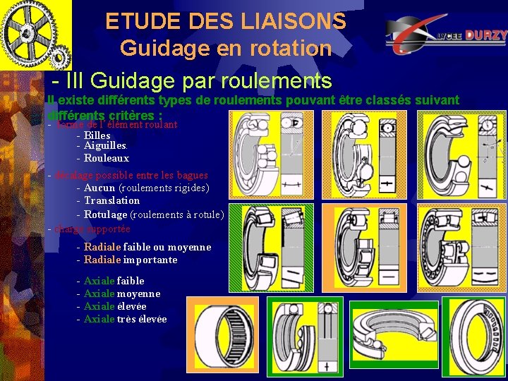 ETUDE DES LIAISONS Guidage en rotation - III Guidage par roulements Il existe différents