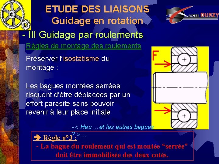 ETUDE DES LIAISONS Guidage en rotation - III Guidage par roulements Règles de montage