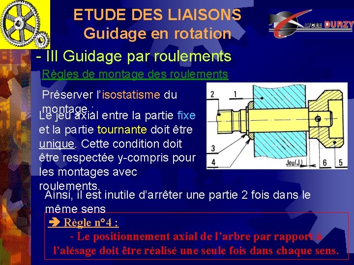 ETUDE DES LIAISONS Guidage en rotation - III Guidage par roulements Règles de montage ETUDE DES LIAISONS Guidage en rotation - III Guidage par roulements Règles de montage