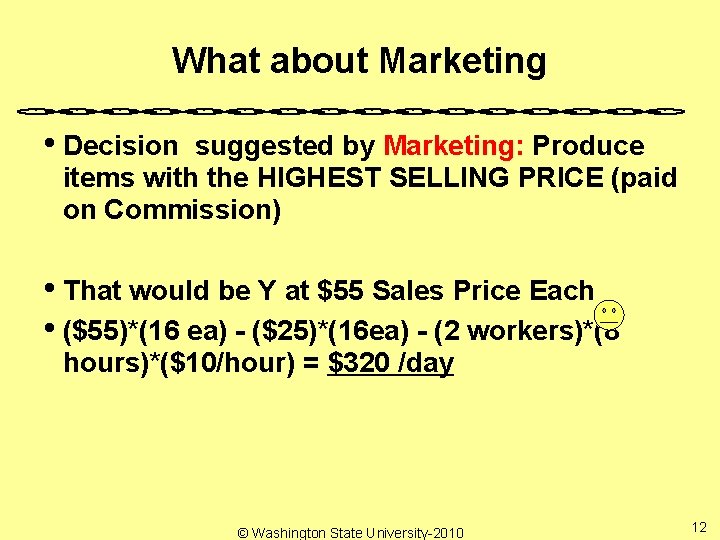 What about Marketing • Decision suggested by Marketing: Produce items with the HIGHEST SELLING
