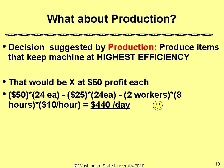 What about Production? • Decision suggested by Production: Produce items that keep machine at