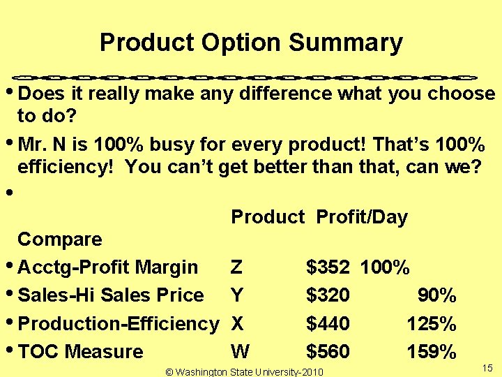 Product Option Summary • Does it really make any difference what you choose to